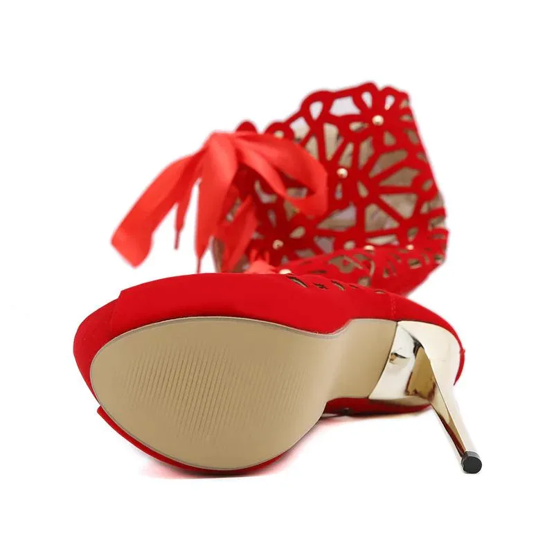 Metal Heels Hollow Out Lace Up Boots Sandals