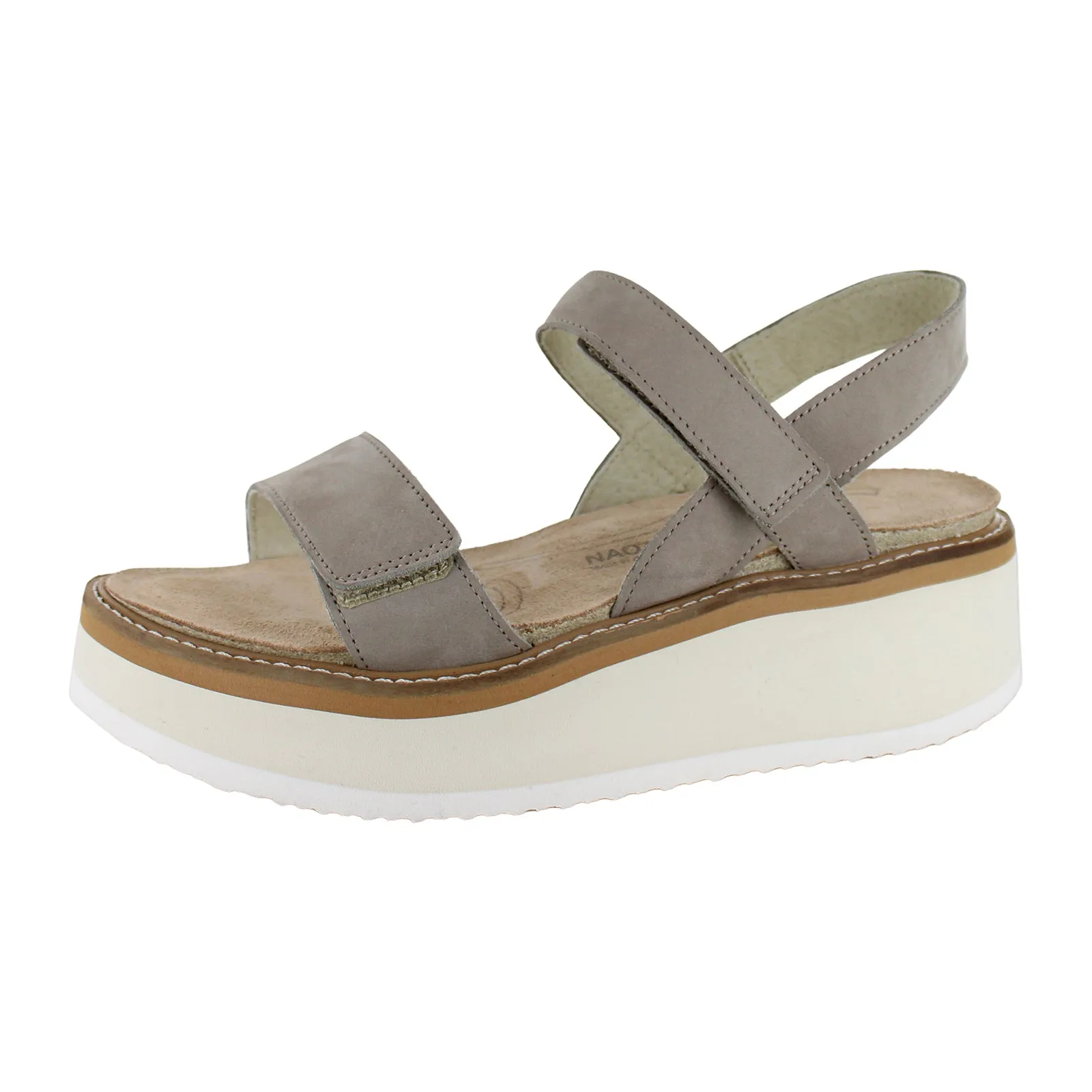 Naot Meringue Wedge Sandal (Woman) - Stone Nubuck with Off White Sole