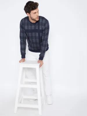 Navy Blue Checked Round Neck Sweatshirt
