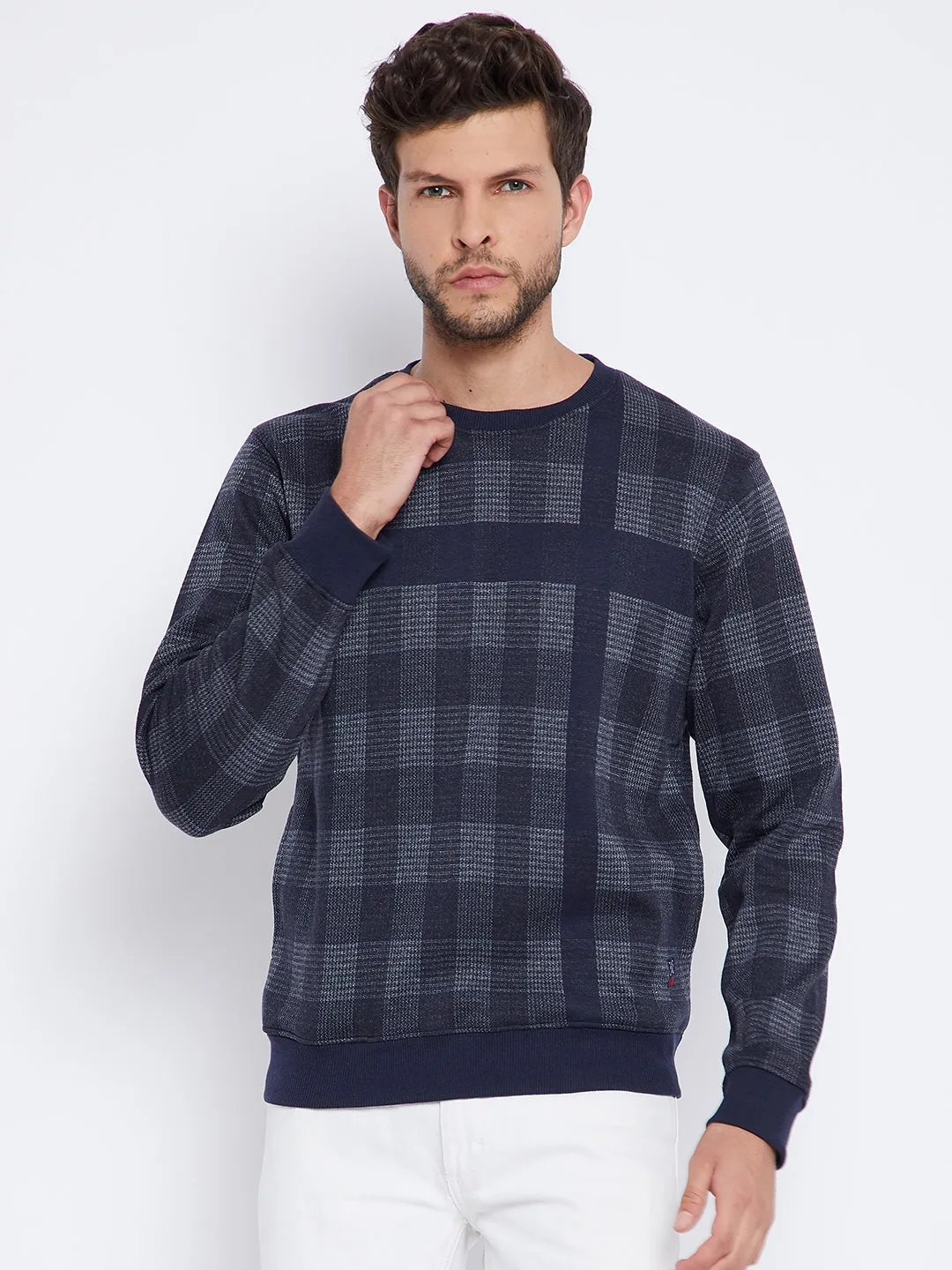 Navy Blue Checked Round Neck Sweatshirt