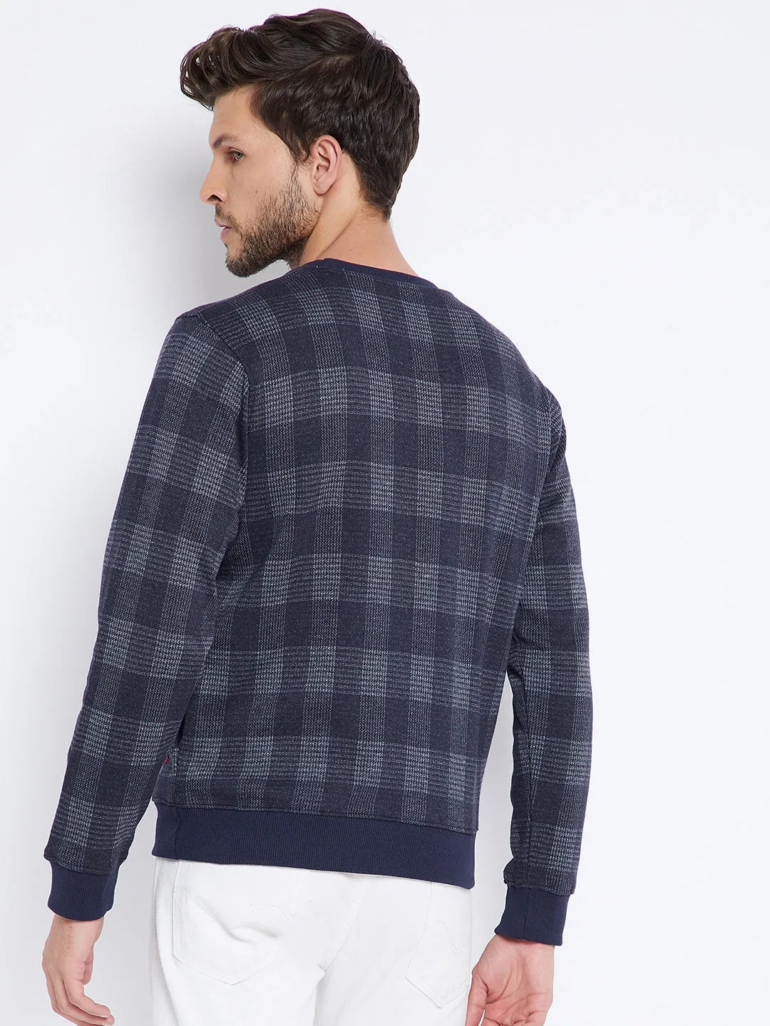 Navy Blue Checked Round Neck Sweatshirt