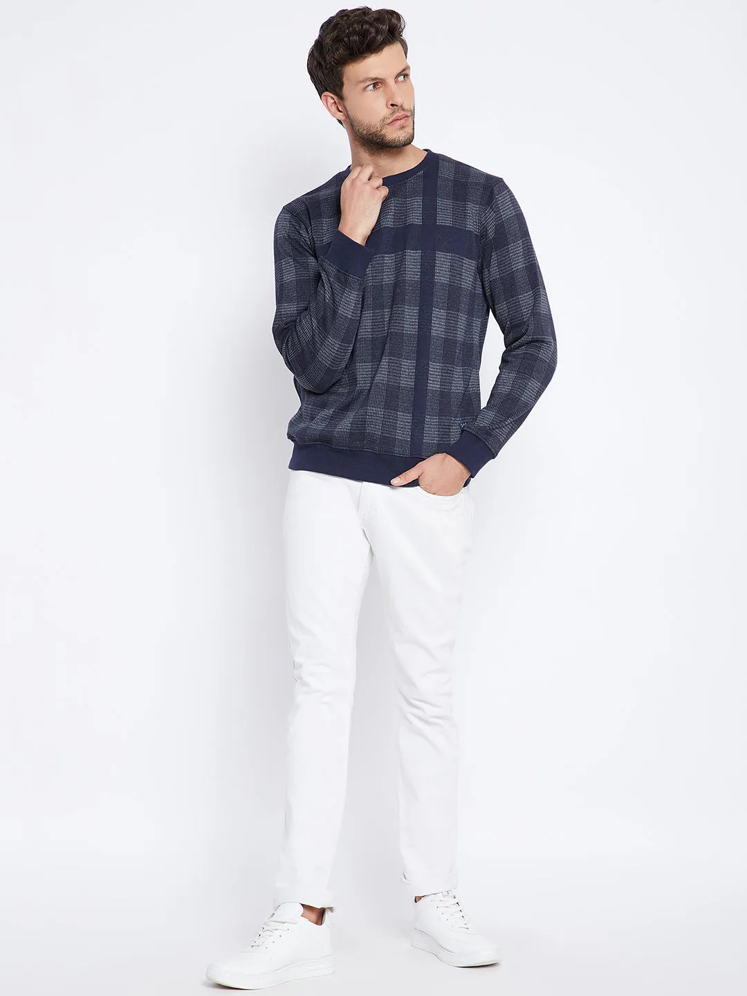 Navy Blue Checked Round Neck Sweatshirt