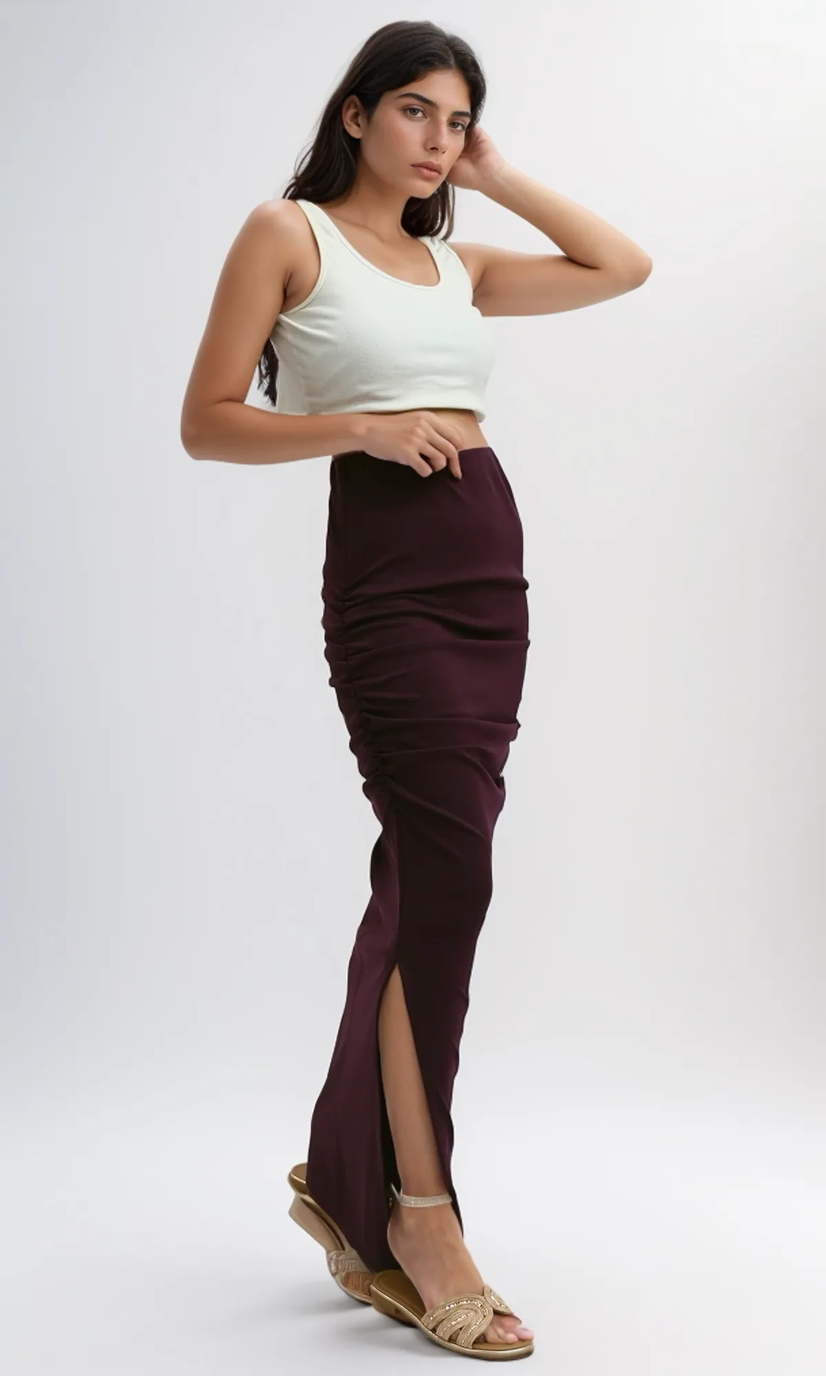 O189288 Solid Dark Purple Skirt With Side Ruffle