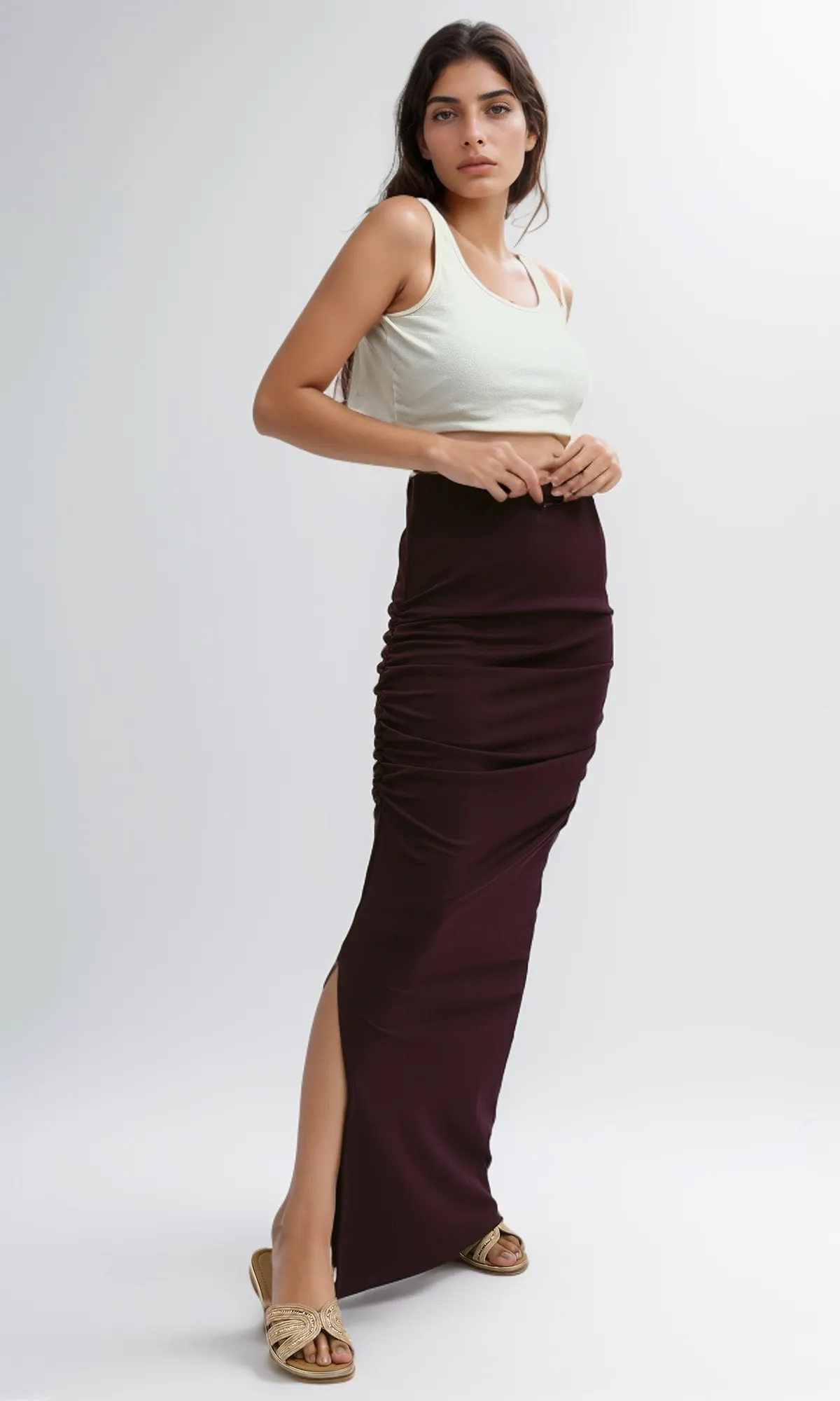 O189288 Solid Dark Purple Skirt With Side Ruffle