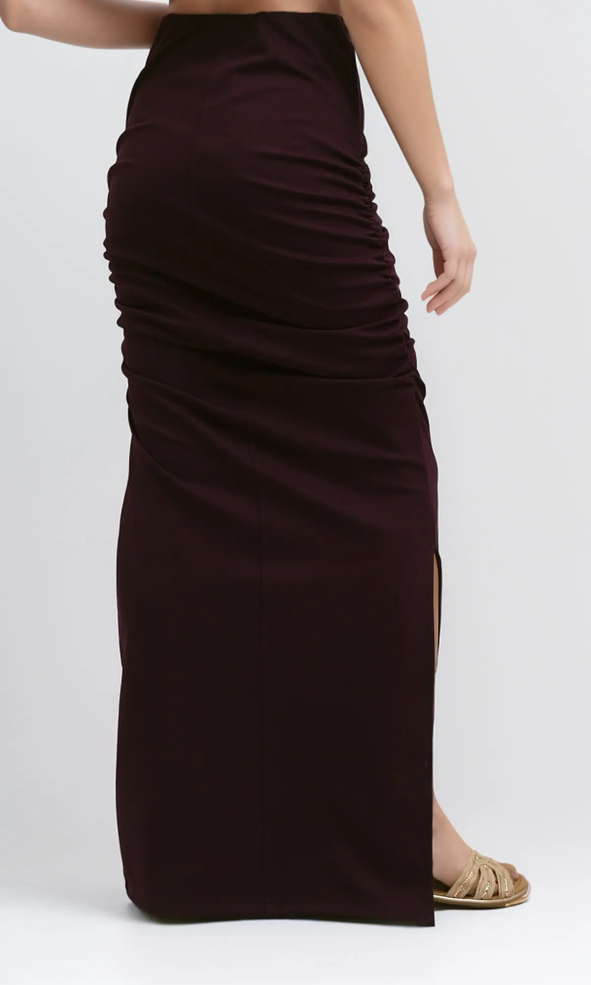 O189288 Solid Dark Purple Skirt With Side Ruffle