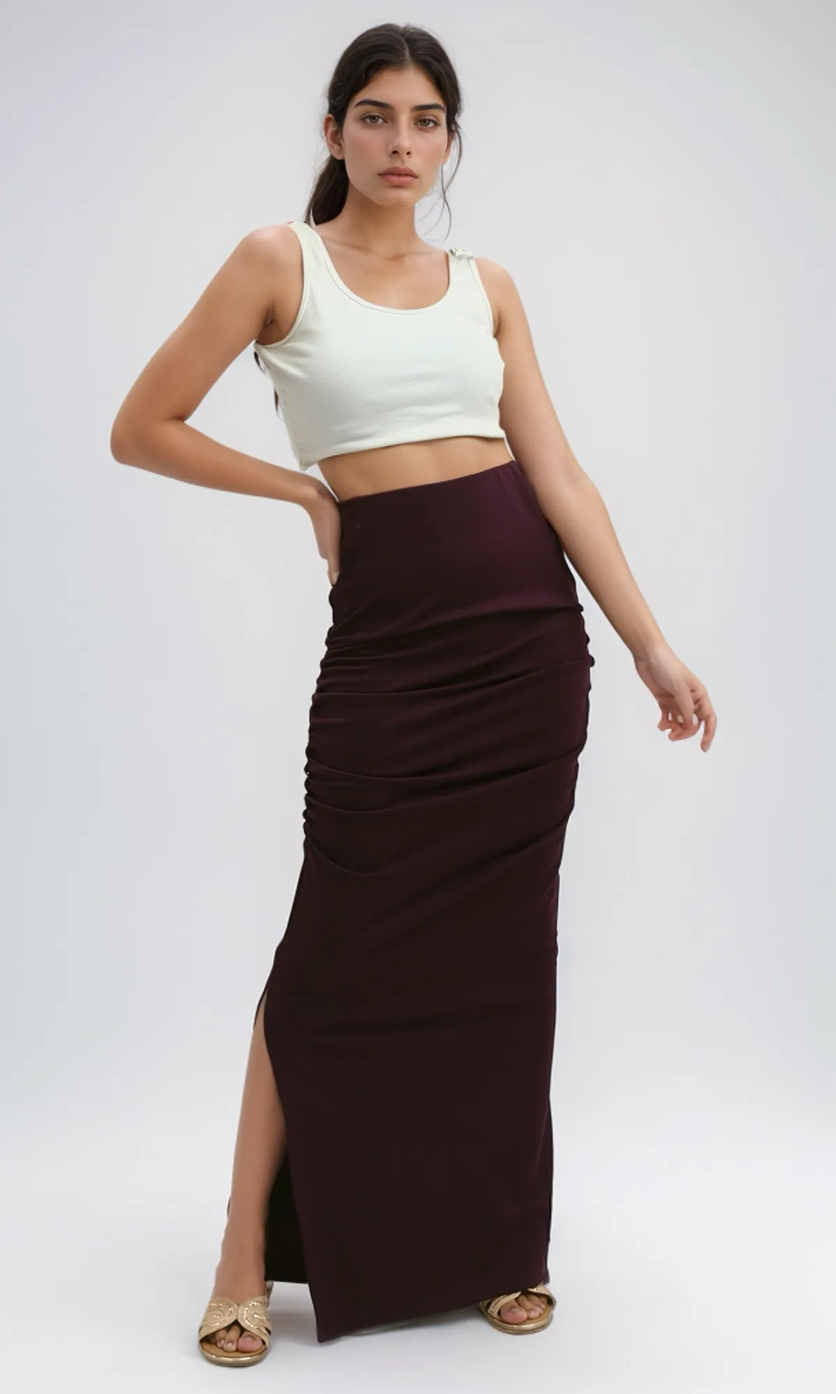 O189288 Solid Dark Purple Skirt With Side Ruffle