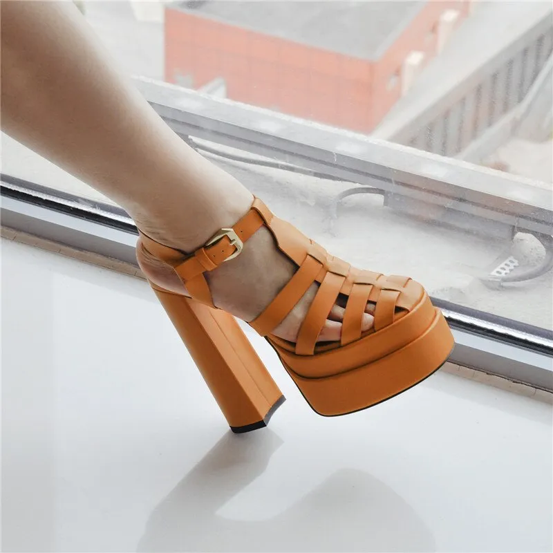 Platform Chunky Heel Hollow Out Strappy Peep Toe Sandals