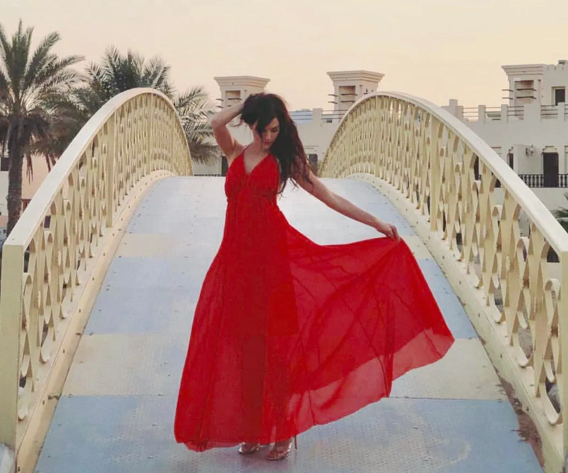 Red Halter-Neck Chiffon Dress