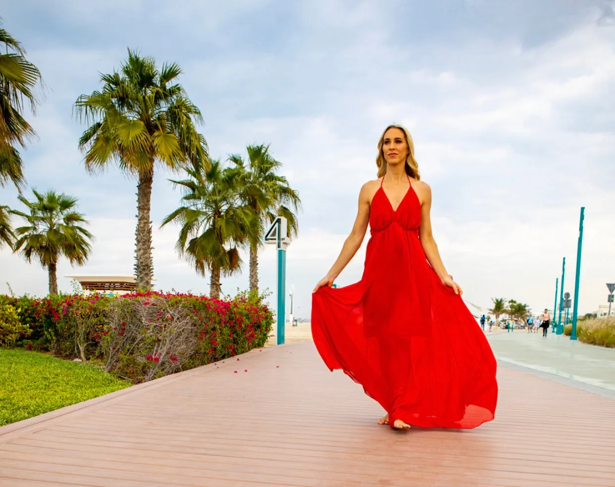 Red Halter-Neck Chiffon Dress