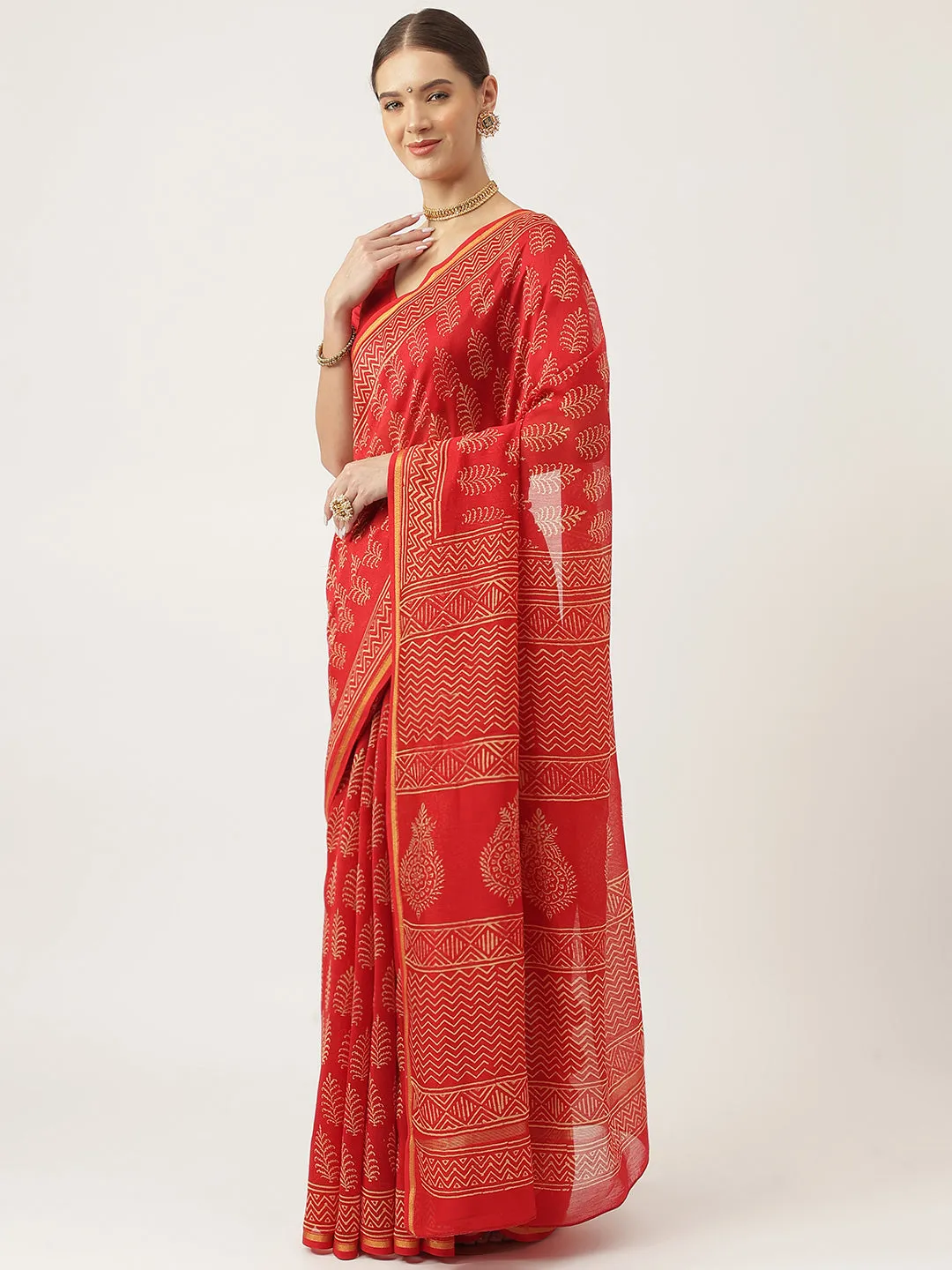 Red Hand Block Chanderi Silk Saree