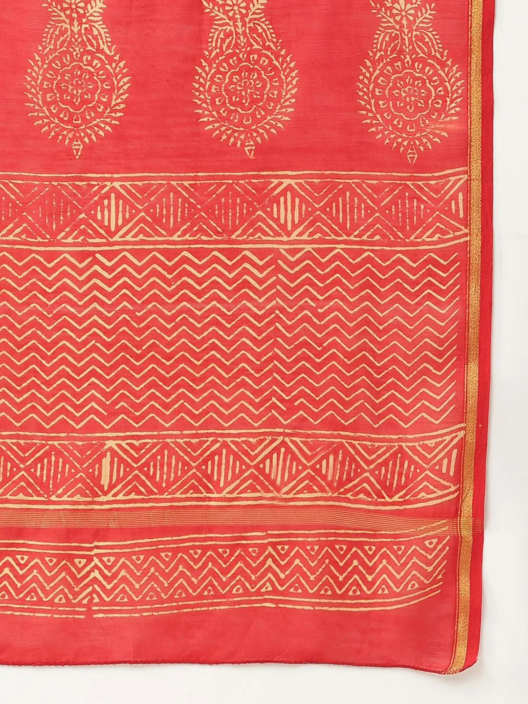 Red Hand Block Chanderi Silk Saree
