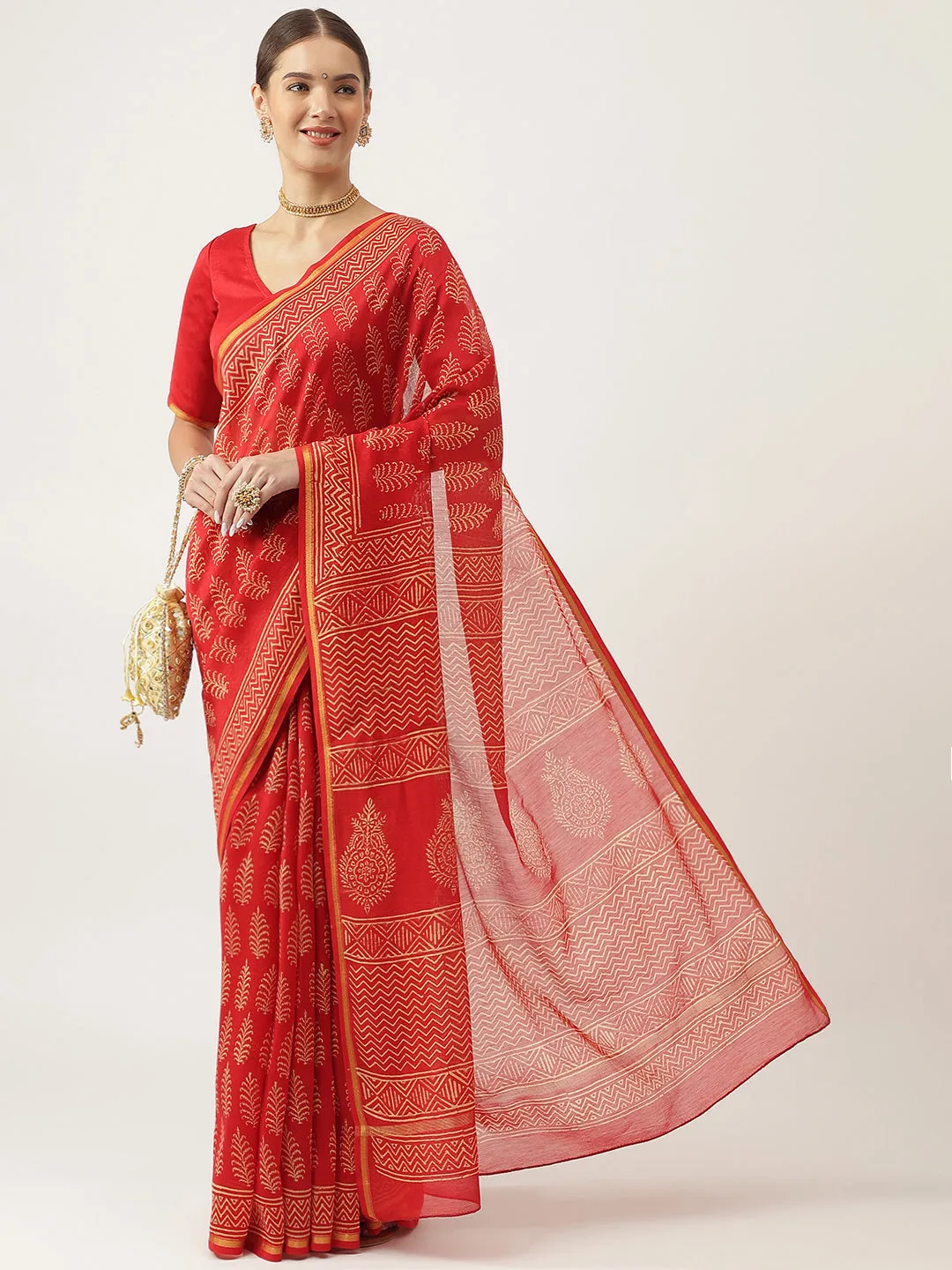 Red Hand Block Chanderi Silk Saree
