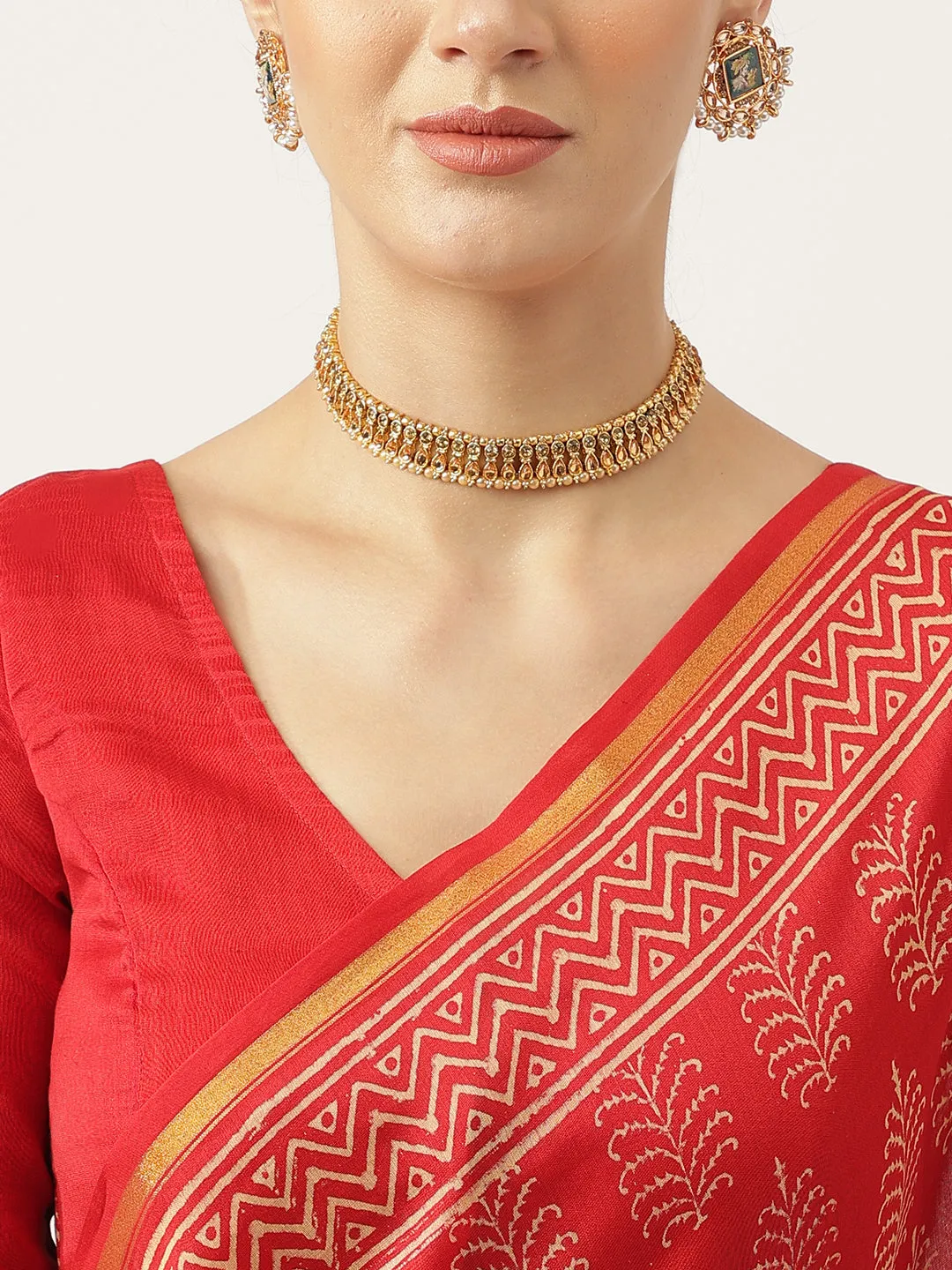 Red Hand Block Chanderi Silk Saree