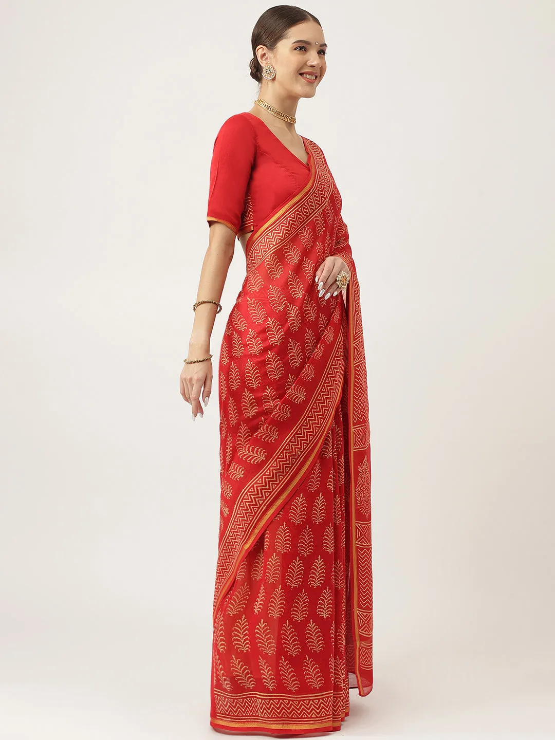 Red Hand Block Chanderi Silk Saree