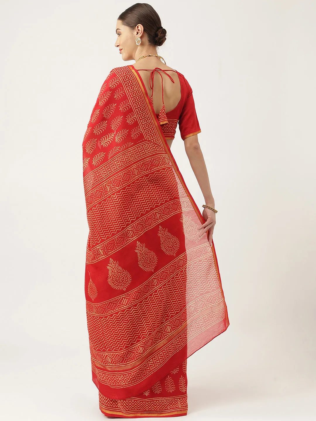 Red Hand Block Chanderi Silk Saree