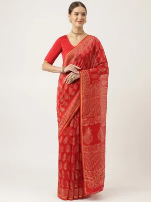 Red Hand Block Chanderi Silk Saree