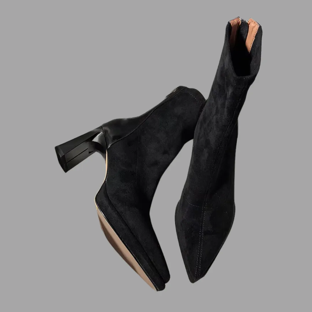 Shiny Heels Suede Ankle Boots - Black