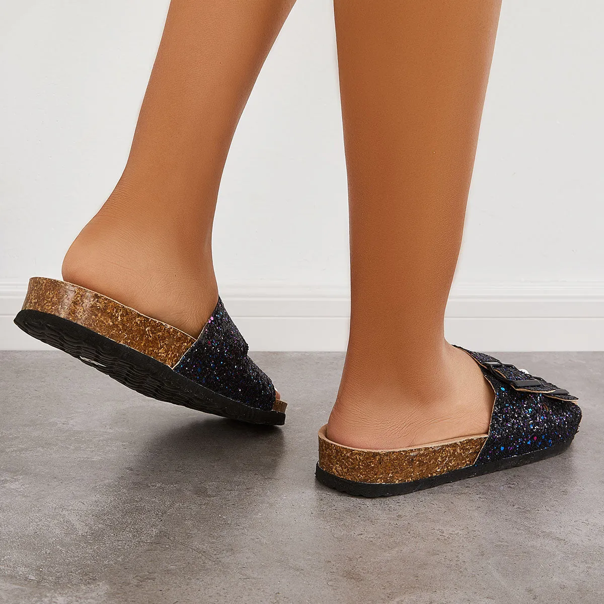 Sohiwoo  Women Casual Glitter Platform Soft Cork Footbed Slippers