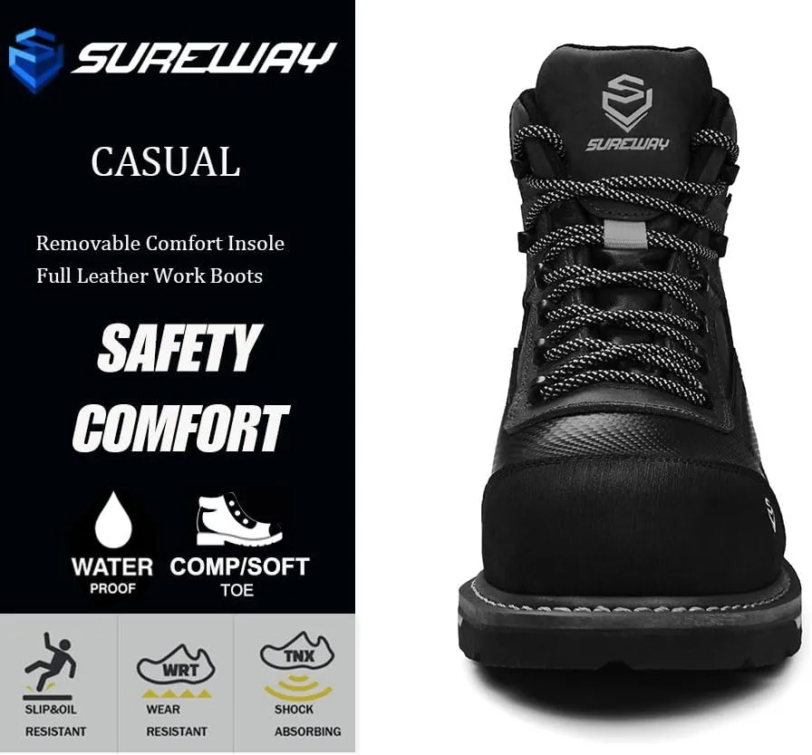 SUREWAY Soft Toe Heavy Duty Waterproof Work Boot, Mens 6" Goodyear Welt Oil/Slip Resistant Dual-Density Comfortable Outsole Leather Construction Industrial Safety Lace Up Work Boots - Brown