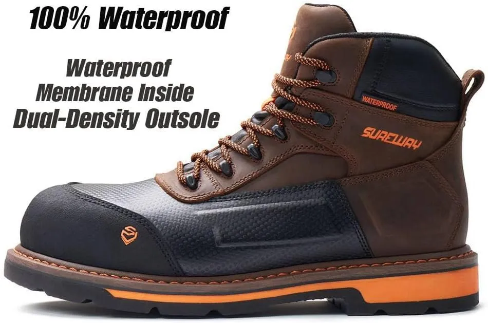 SUREWAY Soft Toe Heavy Duty Waterproof Work Boot, Mens 6" Goodyear Welt Oil/Slip Resistant Dual-Density Comfortable Outsole Leather Construction Industrial Safety Lace Up Work Boots - Brown
