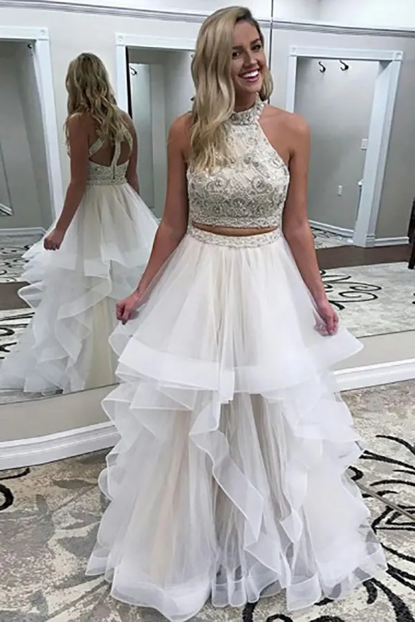 Two Piece High Neck Sweep Train White Tulle Open Back Prom Dress with Beading Ruffles LR334