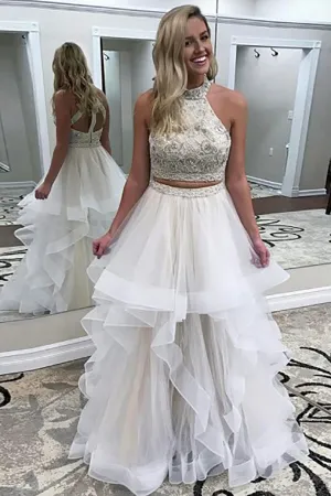 Two Piece High Neck Sweep Train White Tulle Open Back Prom Dress with Beading Ruffles LR334