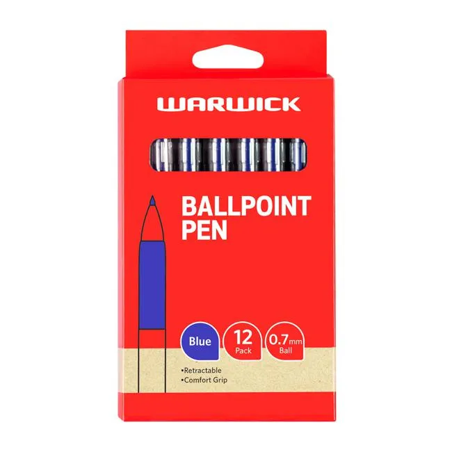 Warwick Pen Ballpoint Blue Retractable Medium Box 12 Comfort Grip