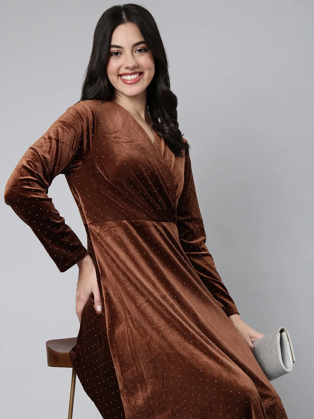 Women Brown Print Velvet A-Line Midi Dress