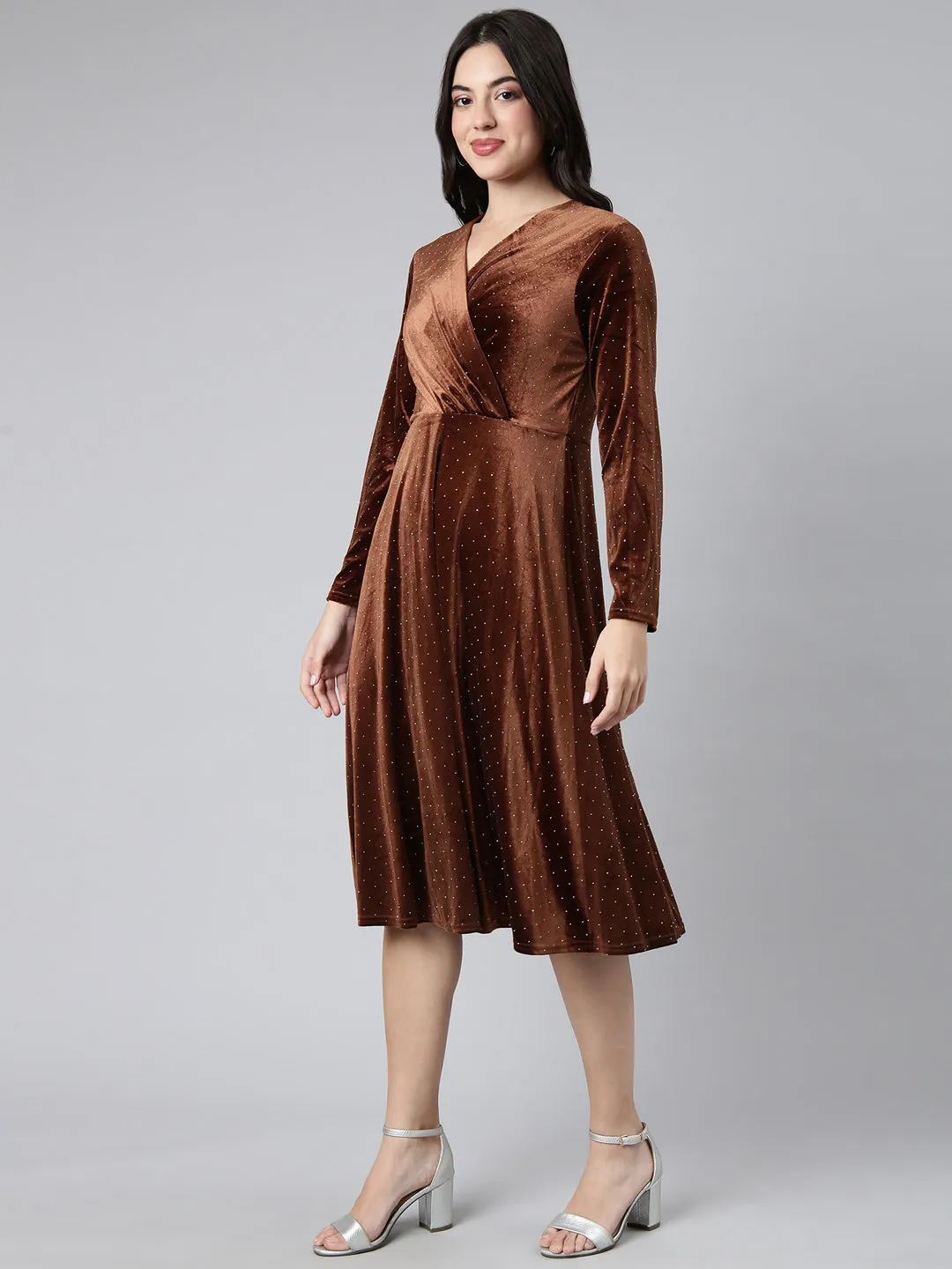 Women Brown Print Velvet A-Line Midi Dress
