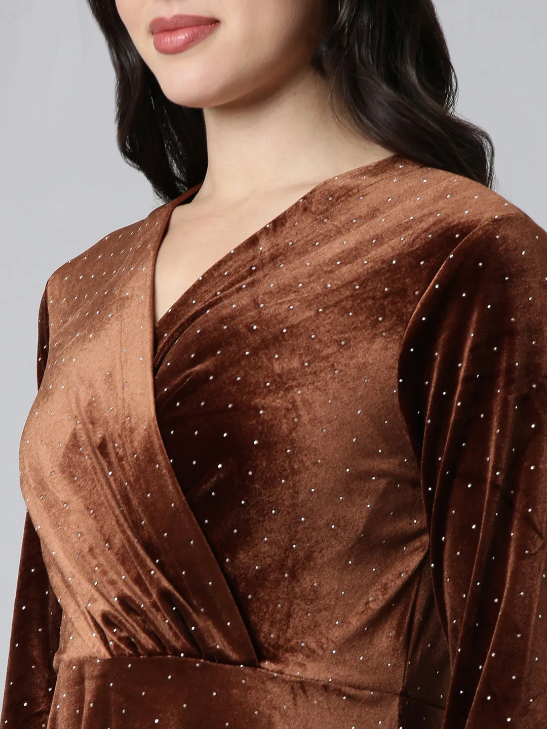 Women Brown Print Velvet A-Line Midi Dress