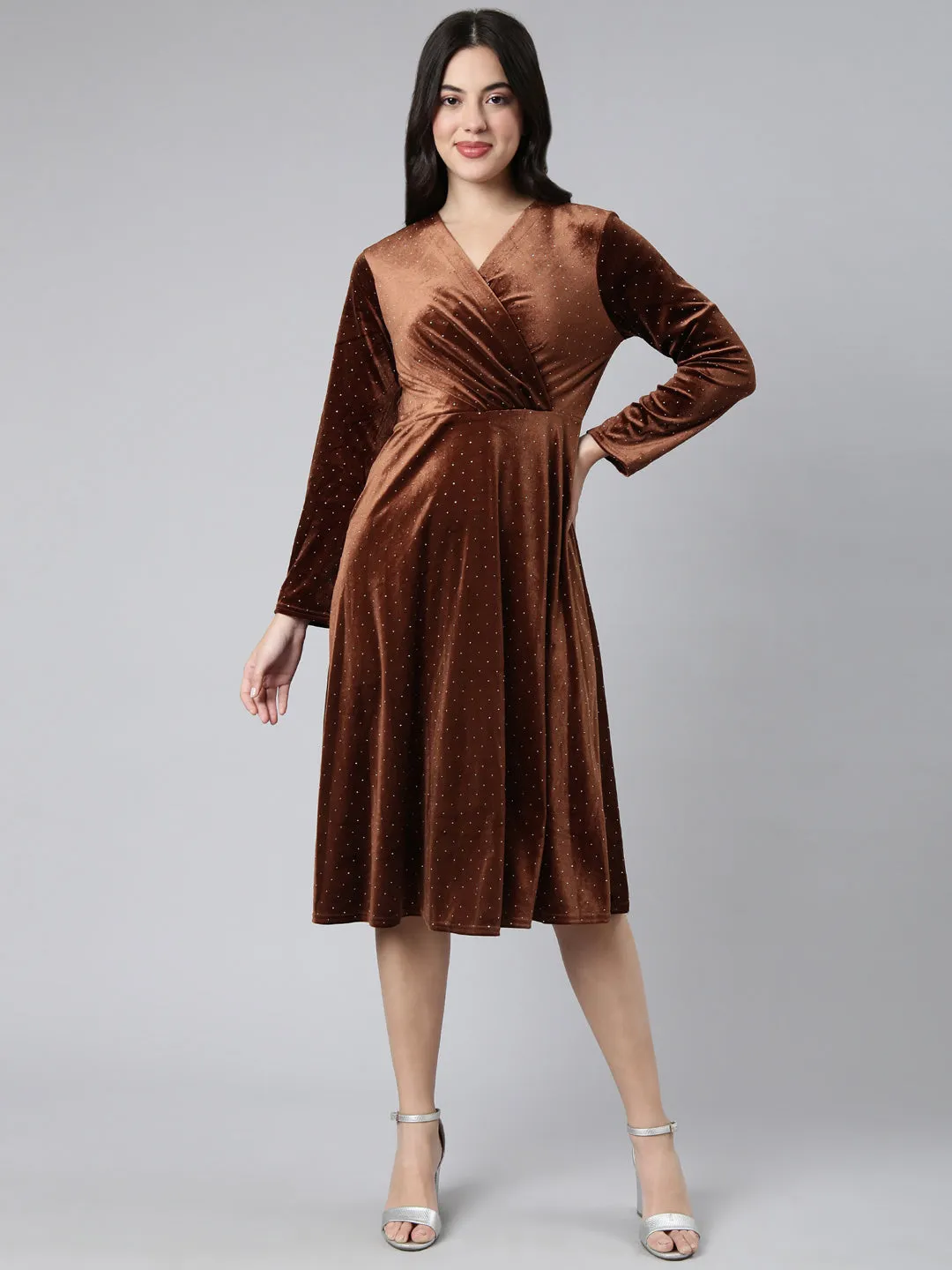 Women Brown Print Velvet A-Line Midi Dress