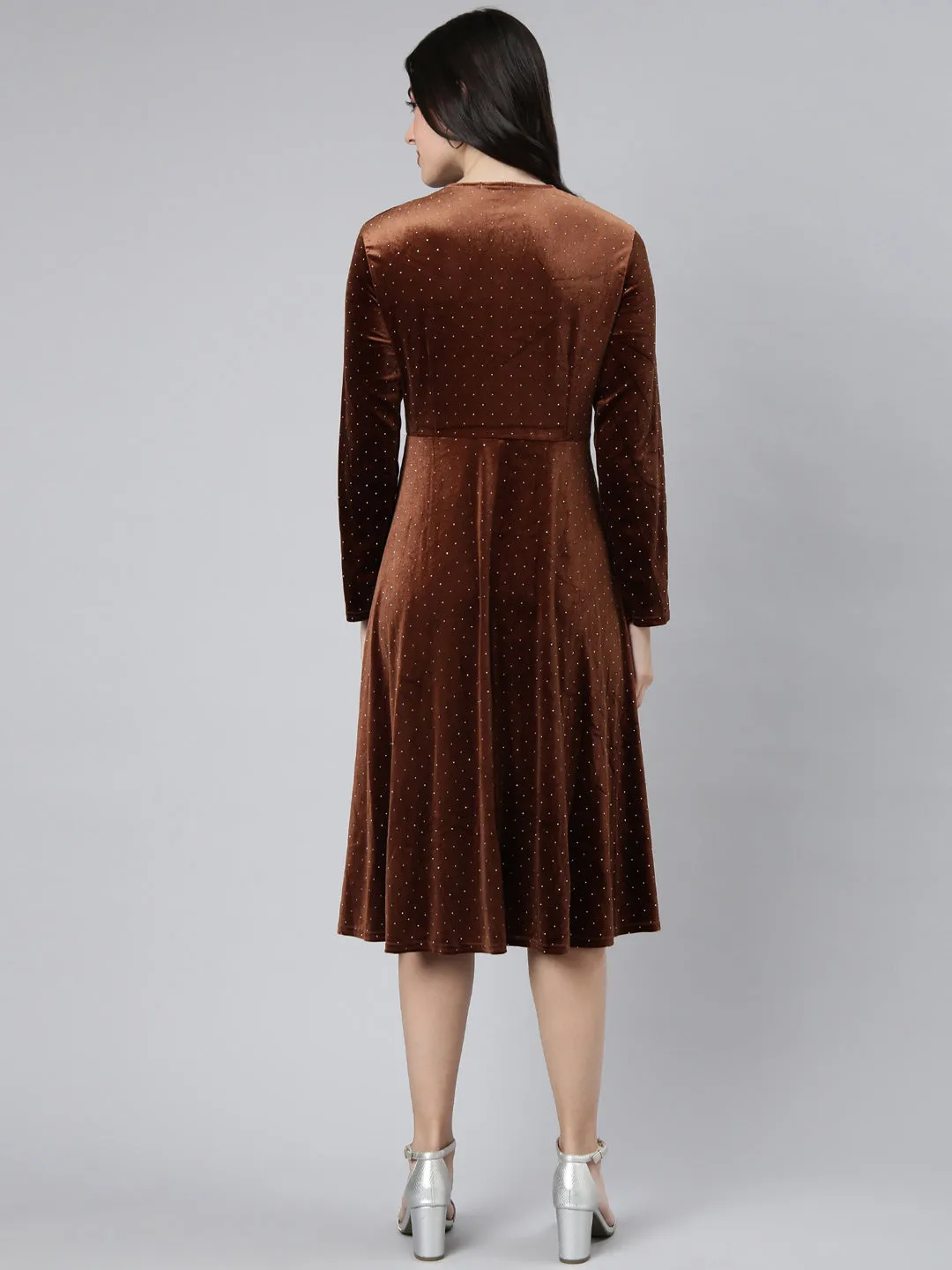 Women Brown Print Velvet A-Line Midi Dress