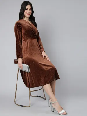 Women Brown Print Velvet A-Line Midi Dress