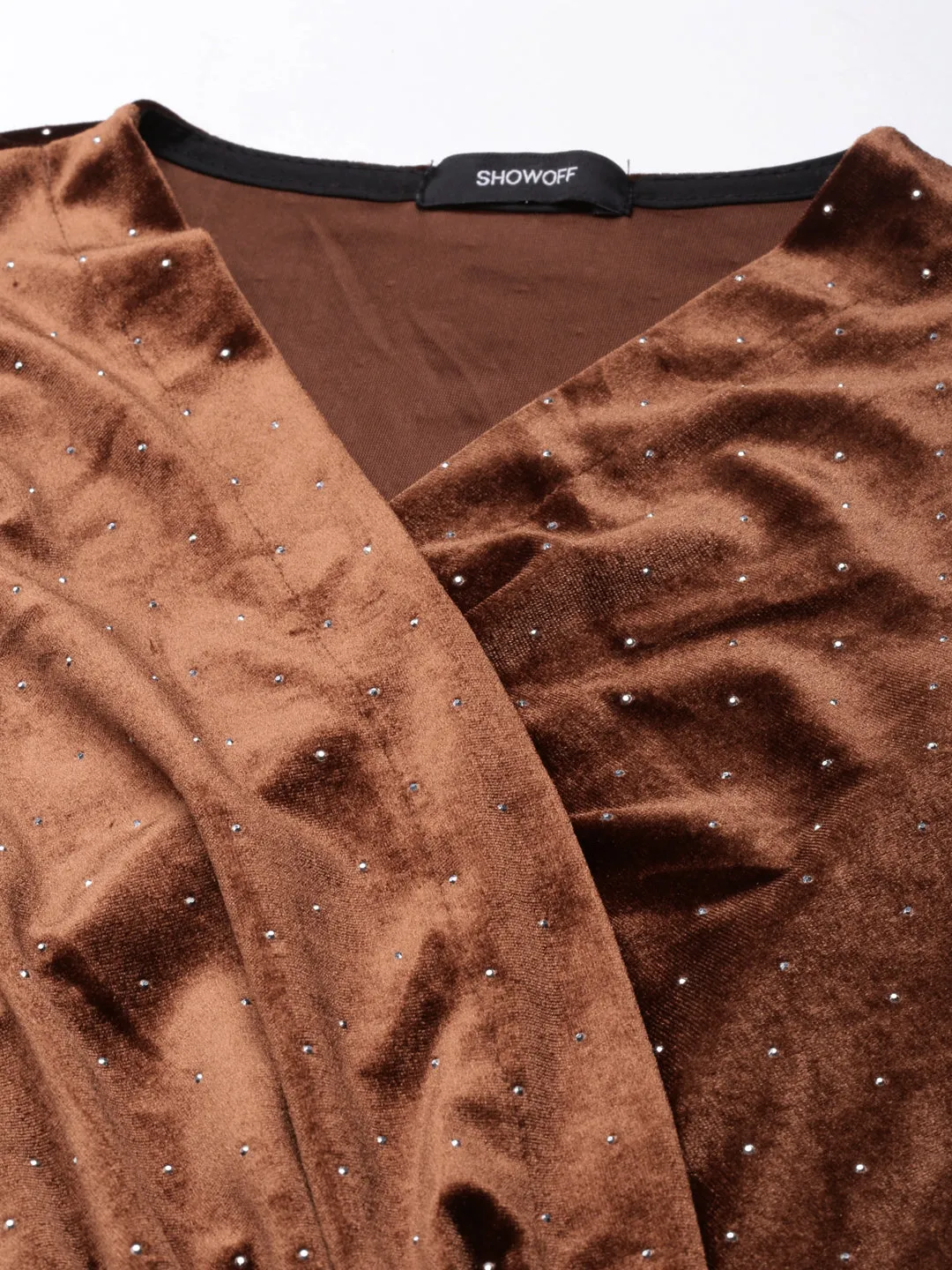 Women Brown Print Velvet A-Line Midi Dress