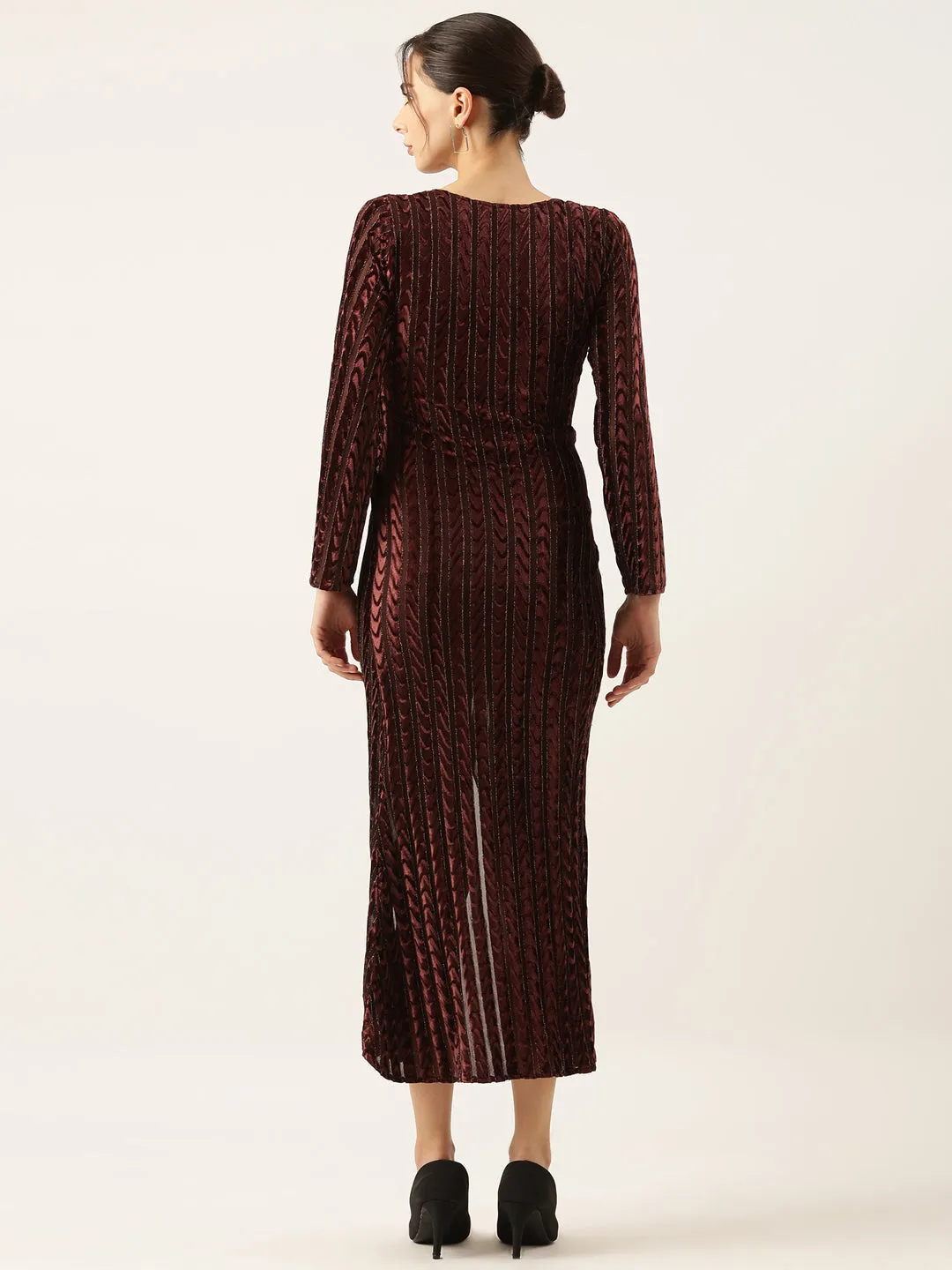 Women Brown Velvet Bodycon Midi Dress