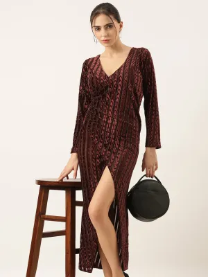 Women Brown Velvet Bodycon Midi Dress