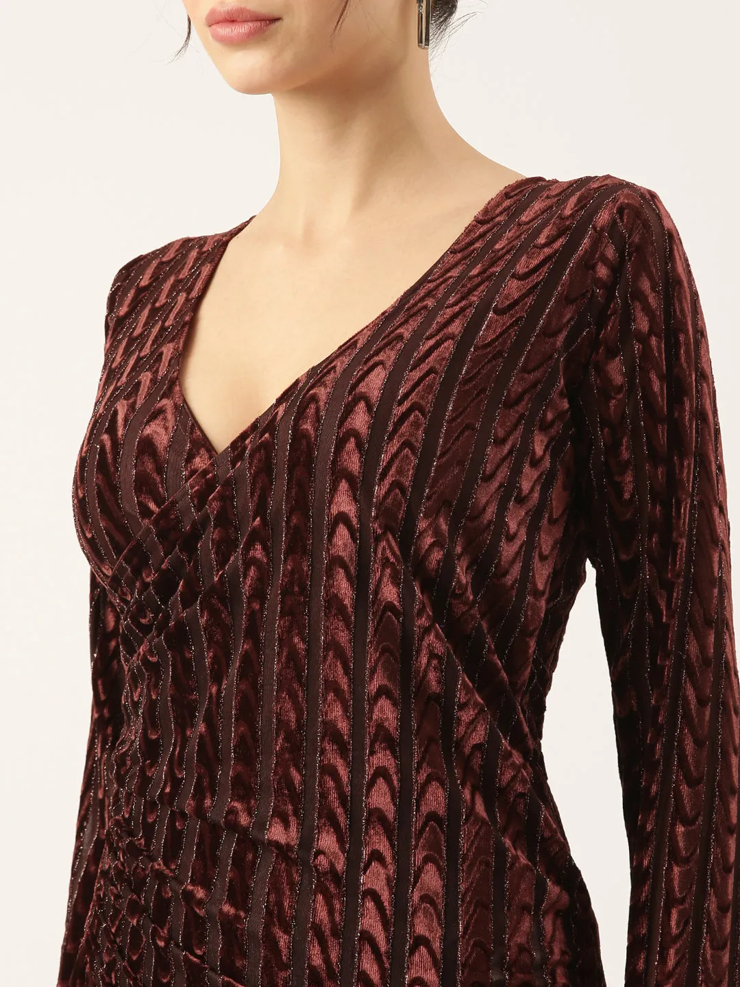 Women Brown Velvet Bodycon Midi Dress