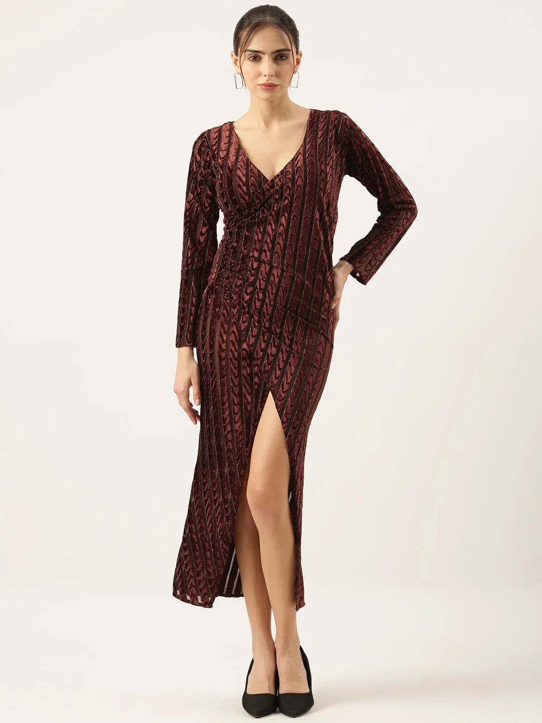 Women Brown Velvet Bodycon Midi Dress