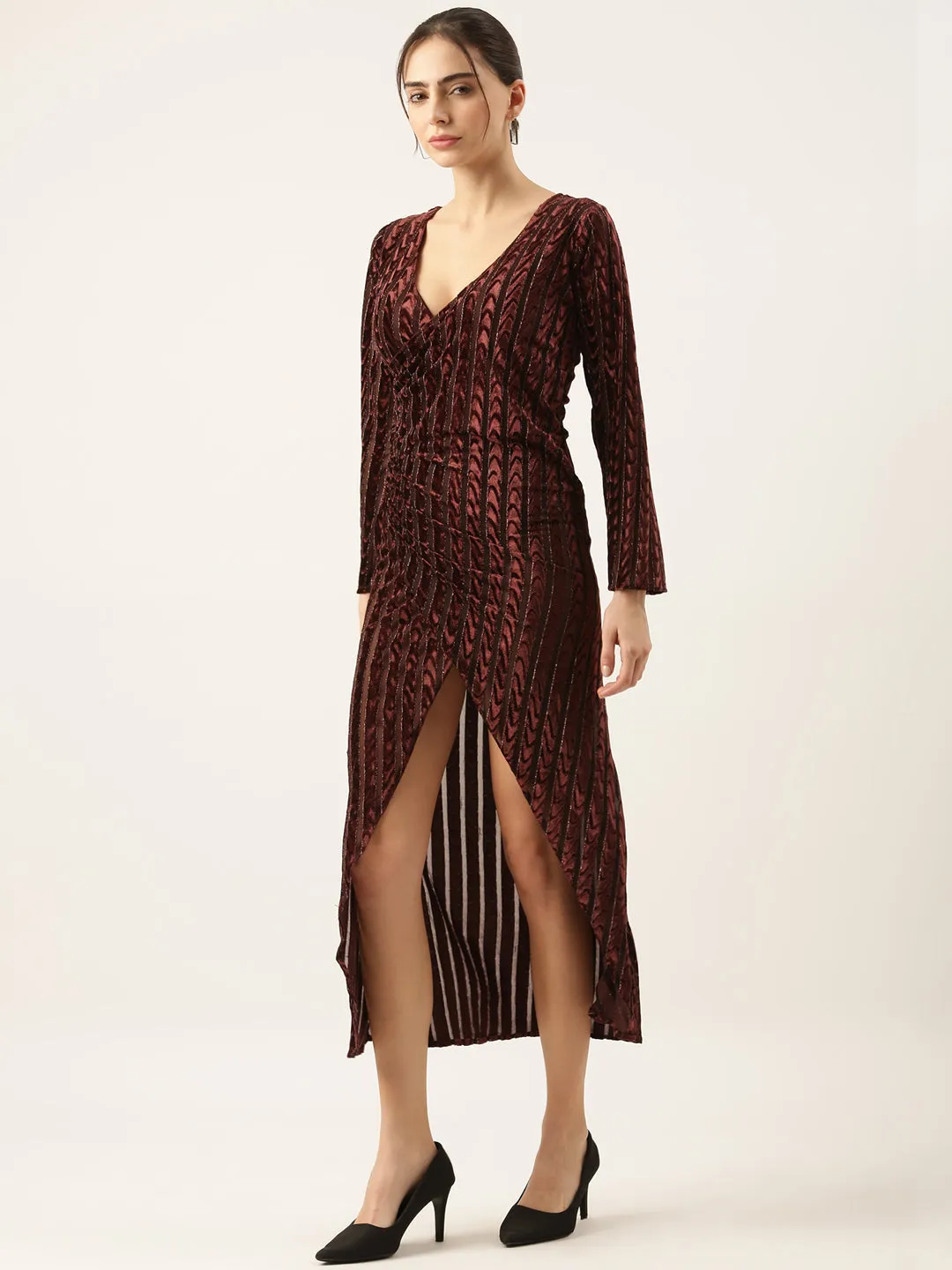 Women Brown Velvet Bodycon Midi Dress