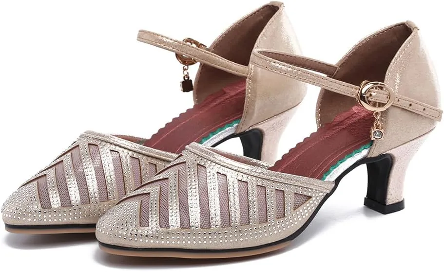 Women Latin Dance Shoes Rhinestones Closed Toe Practice Ballroom Salsa Tango Party Performance Dancing Shoes,Model FT-091-TZ-5.5cm