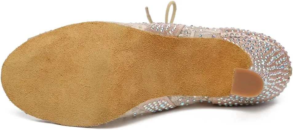 Women Rhinestone Latin Ballroom Ankle Dance Shoes Lace up Salsa Tango Dancing Boots,Model L485
