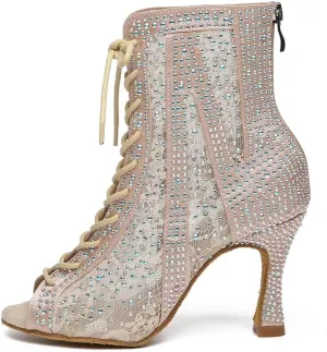 Women Rhinestone Latin Ballroom Ankle Dance Shoes Lace up Salsa Tango Dancing Boots,Model L485