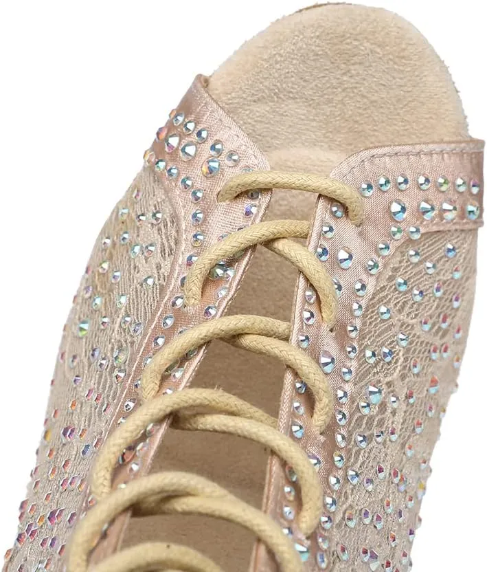 Women Rhinestone Latin Ballroom Ankle Dance Shoes Lace up Salsa Tango Dancing Boots,Model L485