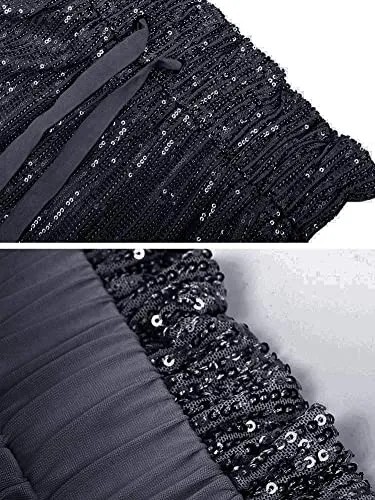 Womens Black Sequin Bling Legging Joggers Pencil Pants with Drawstring