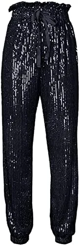 Womens Black Sequin Bling Legging Joggers Pencil Pants with Drawstring