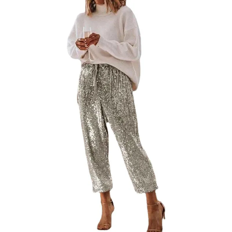 Womens Black Sequin Bling Legging Joggers Pencil Pants with Drawstring