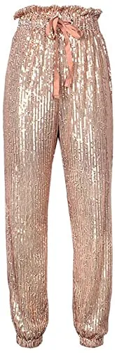 Womens Black Sequin Bling Legging Joggers Pencil Pants with Drawstring
