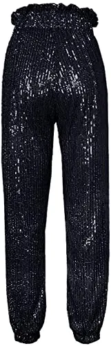Womens Black Sequin Bling Legging Joggers Pencil Pants with Drawstring