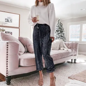 Womens Black Sequin Bling Legging Joggers Pencil Pants with Drawstring