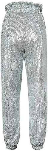Womens Black Sequin Bling Legging Joggers Pencil Pants with Drawstring